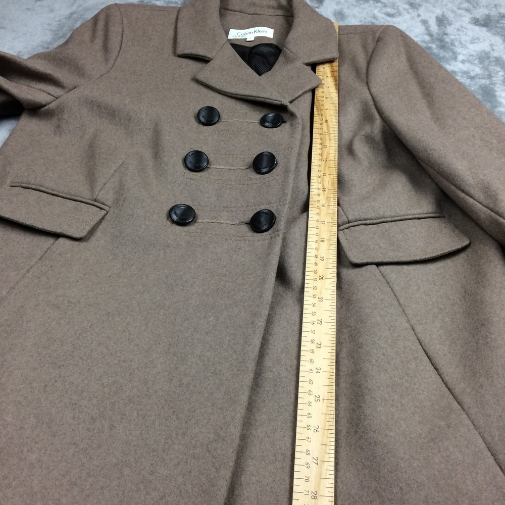 Calvin Klein Pea Coat Women 14 Tan Wool Blend Double Breasted Preppy Military - Picture 7 of 15